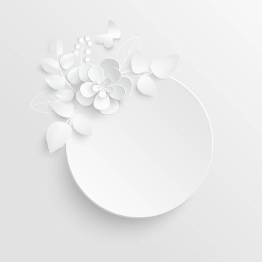 Kağıt çiçek. Soyut kesilmiş çiçekli yuvarlak çerçeve. Beyaz gül. Düğün süslemeleri. Dekoratif gelin buketi. Tebrik kartı şablonu. Geçmişi. Vektör illüstrasyonu