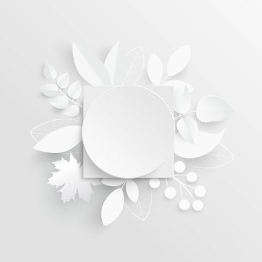 Kağıt çiçek. Soyut kesilmiş çiçekli yuvarlak çerçeve. Beyaz gül. Düğün süslemeleri. Dekoratif gelin buketi. Tebrik kartı şablonu. Geçmişi. Vektör illüstrasyonu