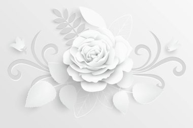 Kağıt çiçek. Kağıttan kesilmiş beyaz güller. Düğün süslemeleri. Dekoratif gelin buketi, soyutlanmış çiçek tasarımı elementleri. Tebrik kartı şablonu. Vektör illüstrasyonu.