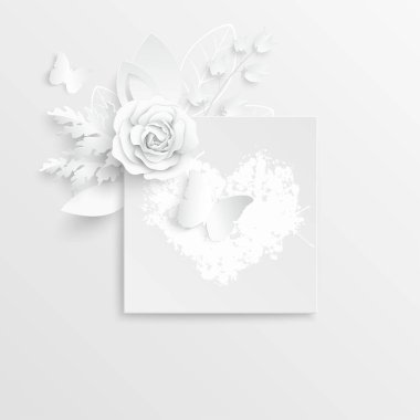 Kağıt çiçek. Soyut kesilmiş çiçekli kare çerçeve. Beyaz gül. Bir kalp. Düğün süslemeleri. Dekoratif gelin buketi. Tebrik kartı şablonu. Geçmişi. Vektör illüstrasyonu.