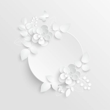 Kağıt çiçek. Soyut kesilmiş çiçekli yuvarlak çerçeve. Beyaz gül. Düğün süslemeleri. Dekoratif gelin buketi. Tebrik kartı şablonu. Geçmişi. Vektör illüstrasyonu