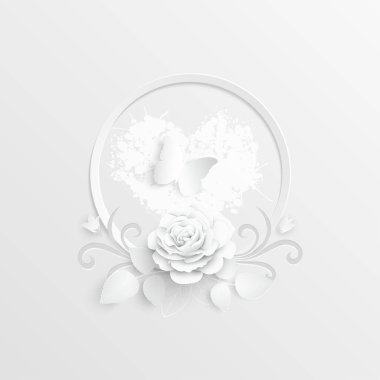 Kağıt çiçek. Soyut kesilmiş çiçekli yuvarlak çerçeve. Beyaz gül. Düğün süslemeleri. Dekoratif gelin buketi. Tebrik kartı şablonu. Geçmişi. Vektör illüstrasyonu