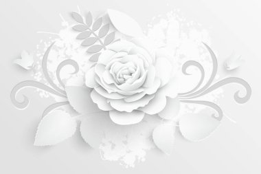 Kağıt çiçek. Kağıttan kesilmiş beyaz güller. Düğün süslemeleri. Dekoratif gelin buketi, soyutlanmış çiçek tasarımı elementleri. Tebrik kartı şablonu. Vektör illüstrasyonu.