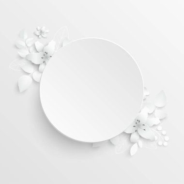 Kağıt çiçek. Soyut kesilmiş çiçekli yuvarlak çerçeve. Beyaz gül. Düğün süslemeleri. Dekoratif gelin buketi. Tebrik kartı şablonu. Geçmişi. Vektör illüstrasyonu