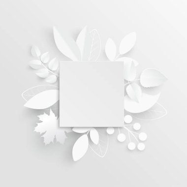 Kağıt çiçek. Soyut kesilmiş çiçekli kare çerçeve. Beyaz gül. Bir kalp. Düğün süslemeleri. Dekoratif gelin buketi. Tebrik kartı şablonu. Geçmişi. Vektör illüstrasyonu.