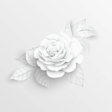 Kağıt çiçek. Kağıttan kesilmiş beyaz güller. Düğün süslemeleri. Dekoratif gelin buketi, soyutlanmış çiçek tasarımı elementleri. Tebrik kartı şablonu. Vektör illüstrasyonu.