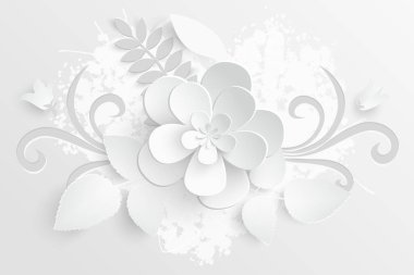 Kağıt çiçek. Kağıttan kesilmiş beyaz güller. Düğün süslemeleri. Dekoratif gelin buketi, soyutlanmış çiçek tasarımı elementleri. Tebrik kartı şablonu. Vektör illüstrasyonu.