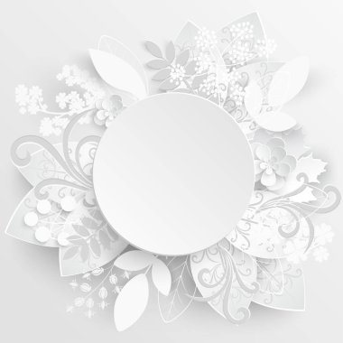 Kağıt çiçek. Soyut kesilmiş çiçekli yuvarlak çerçeve. Beyaz gül. Düğün süslemeleri. Dekoratif gelin buketi. Tebrik kartı şablonu. Geçmişi. Vektör illüstrasyonu