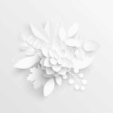 Kağıt çiçek. Kağıttan kesilmiş beyaz nilüfer çiçeği. Düğün süslemeleri. Dekoratif gelin buketi, soyutlanmış çiçek tasarımı elementleri. Tebrik kartı şablonu. Vektör çizimi. Arkaplan. 