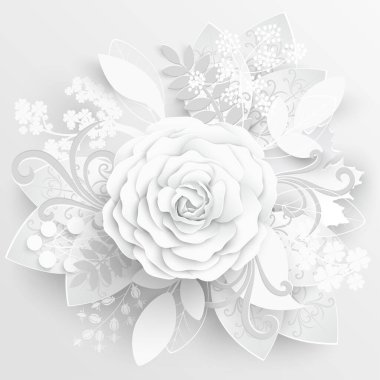 Kağıt çiçek. Kağıttan kesilmiş beyaz güller. Düğün süslemeleri. Dekoratif gelin buketi, soyutlanmış çiçek tasarımı elementleri. Tebrik kartı şablonu. Vektör illüstrasyonu.
