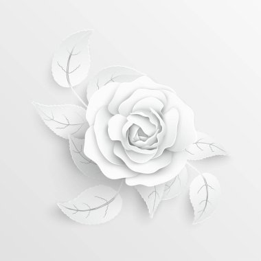 Kağıt çiçek. Kağıttan kesilmiş beyaz güller. Düğün süslemeleri. Dekoratif gelin buketi, soyutlanmış çiçek tasarımı elementleri. Tebrik kartı şablonu. Vektör illüstrasyonu.