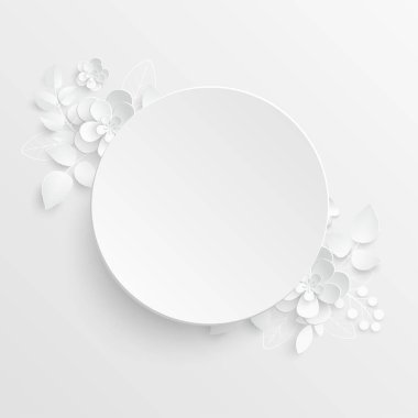 Kağıt çiçek. Soyut kesilmiş çiçekli yuvarlak çerçeve. Beyaz gül. Düğün süslemeleri. Dekoratif gelin buketi. Tebrik kartı şablonu. Geçmişi. Vektör illüstrasyonu