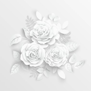 Kağıt çiçek. Kağıttan kesilmiş beyaz güller. Düğün süslemeleri. Dekoratif gelin buketi, soyutlanmış çiçek tasarımı elementleri. Tebrik kartı şablonu. Vektör illüstrasyonu.