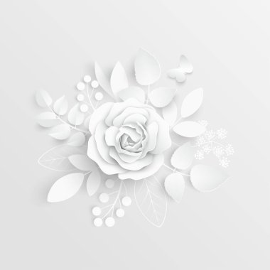Kağıt çiçek. Kağıttan kesilmiş beyaz güller. Düğün süslemeleri. Dekoratif gelin buketi, soyutlanmış çiçek tasarımı elementleri. Tebrik kartı şablonu. Vektör illüstrasyonu.