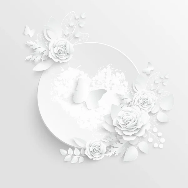 纸花有抽象切花的圆形框架 白玫瑰 婚礼装饰 装饰新娘花束 问候卡片模板 矢量说明 — 图库矢量图片