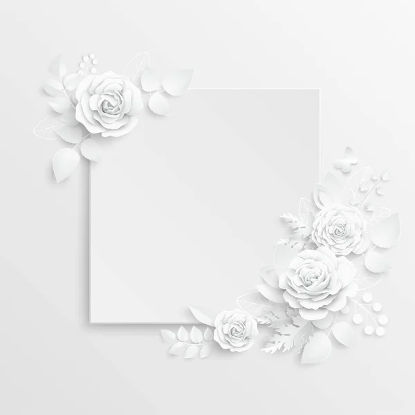 Papírová Květina Čtvercový Rám Abstraktními Květy Bílá Růže Srdce Svatební — Stockový vektor