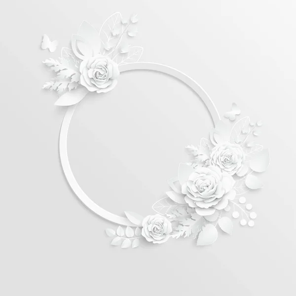 Papieren Bloem Rond Frame Met Abstracte Snijbloemen Witte Roos Bruiloft — Stockvector