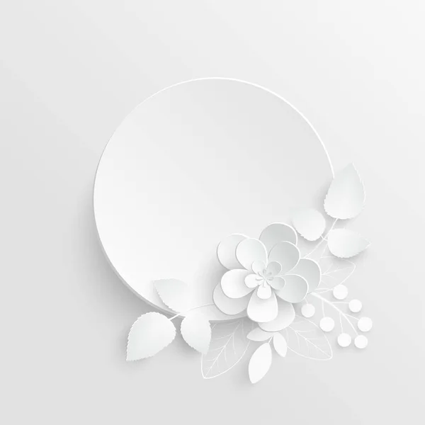 Papírvirág Kerek Keret Absztrakt Vágott Virágokkal Fehér Rózsa Esküvői Dekoráció — Stock Vector