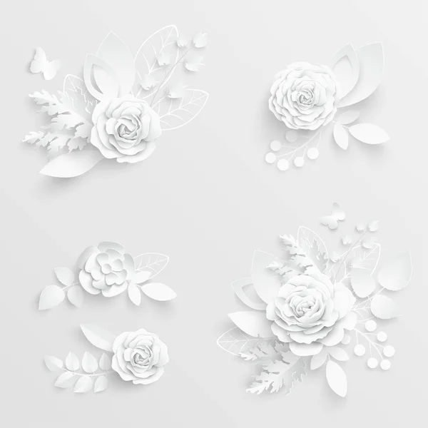 Flor Papel Rosas Blancas Cortadas Papel Decoraciones Boda Ramo Novia — Vector de stock