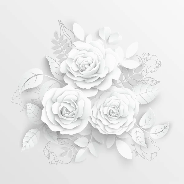 Flor Papel Rosas Blancas Cortadas Papel Decoraciones Boda Ramo Novia — Vector de stock