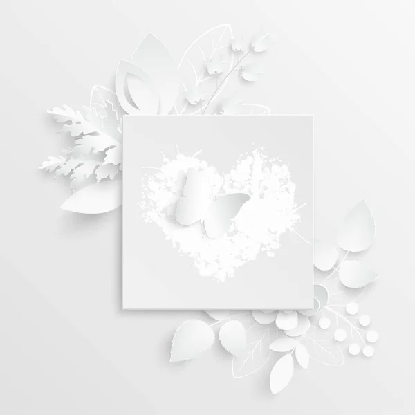 Бумажный Цветок Квадратная Рамка Абстрактными Срезанными Цветами Белая Роза Сердце — стоковый вектор