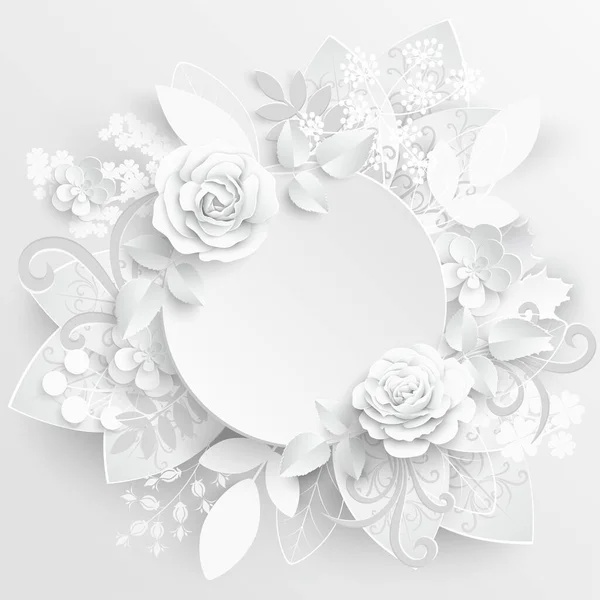 Papieren Bloem Rond Frame Met Abstracte Snijbloemen Witte Roos Bruiloft — Stockvector