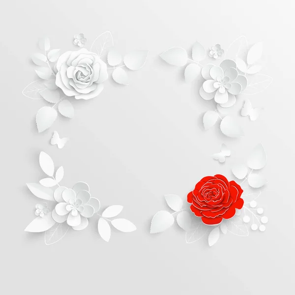 Flor Papel Marco Cuadrado Con Flores Cortadas Abstractas Rosa Blanca — Archivo Imágenes Vectoriales