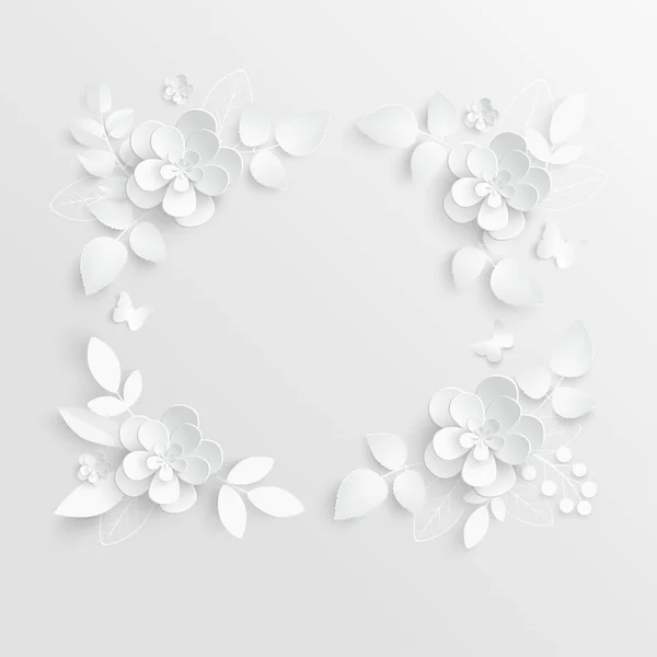 Papírvirág Négyzet Alakú Keret Absztrakt Vágott Virágokkal Fehér Rózsa Egy — Stock Vector