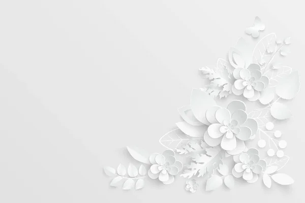 Kağıt çiçek. Kağıttan kesilmiş beyaz güller. Düğün süslemeleri. Dekoratif gelin buketi, soyutlanmış çiçek tasarımı elementleri. Tebrik kartı şablonu. Vektör illüstrasyonu.