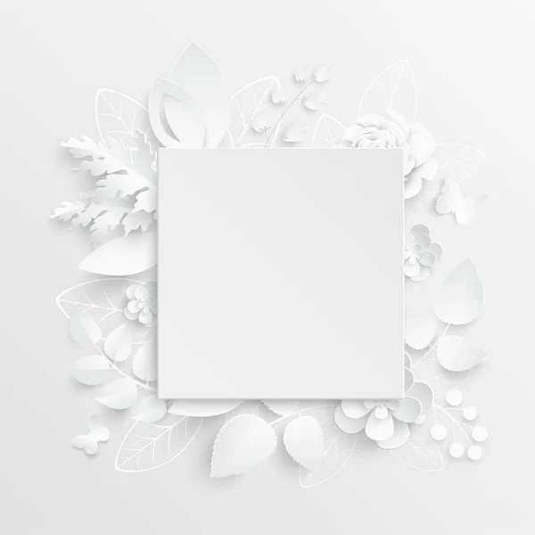 Papieren Bloem Vierkant Frame Met Abstracte Snijbloemen Witte Roos Een — Stockvector