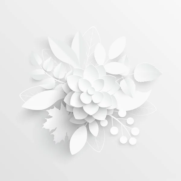 Paper flower. White lotus cut from paper. Wedding decorations. Decorative bridal bouquet, isolated floral design elements. Greeting card template. Vector illustration. Background.