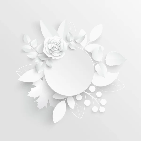 Kağıt çiçek. Soyut kesilmiş çiçekli yuvarlak çerçeve. Beyaz gül. Düğün süslemeleri. Dekoratif gelin buketi. Tebrik kartı şablonu. Geçmişi. Vektör illüstrasyonu