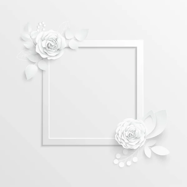 Paper Flower Square Frame Abstract Cut Flowers White Rose Heart — Stock Vector