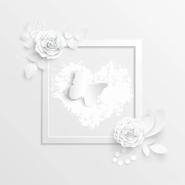 Flor Papel Quadro Quadrado Com Flores Corte Abstratas Rosa Branca — Vetor de Stock