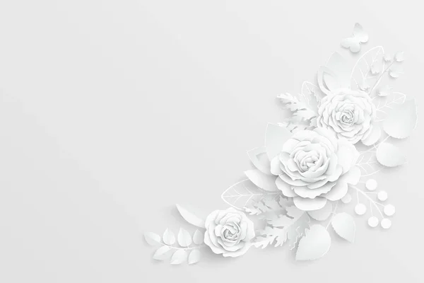 Kağıt çiçek. Kağıttan kesilmiş beyaz güller. Düğün süslemeleri. Dekoratif gelin buketi, soyutlanmış çiçek tasarımı elementleri. Tebrik kartı şablonu. Vektör illüstrasyonu.