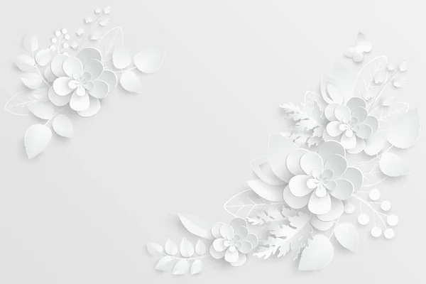 Kağıt çiçek. Kağıttan kesilmiş beyaz güller. Düğün süslemeleri. Dekoratif gelin buketi, soyutlanmış çiçek tasarımı elementleri. Tebrik kartı şablonu. Vektör illüstrasyonu.
