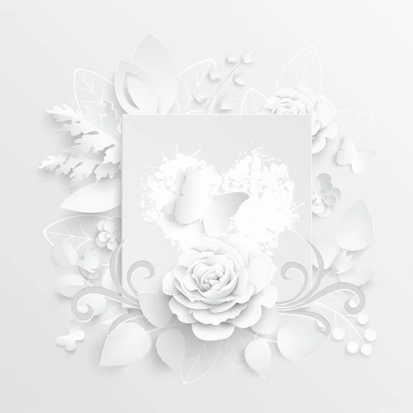 Paper Flower Square Frame Abstract Cut Flowers White Rose Heart — Stock Vector