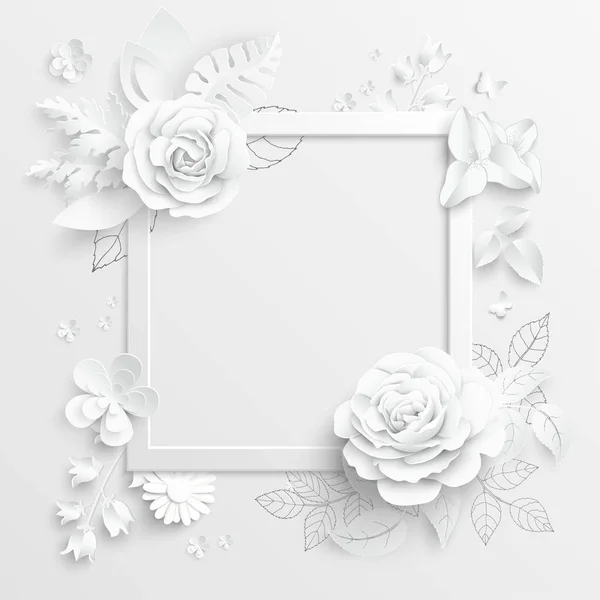 紙の花 抽象的な切り花の正方形のフレーム 白いバラ 心臓だ 結婚式の飾り 装飾的なブライダル花束 グリーティングカードのテンプレート ベクターイラスト — ストックベクタ