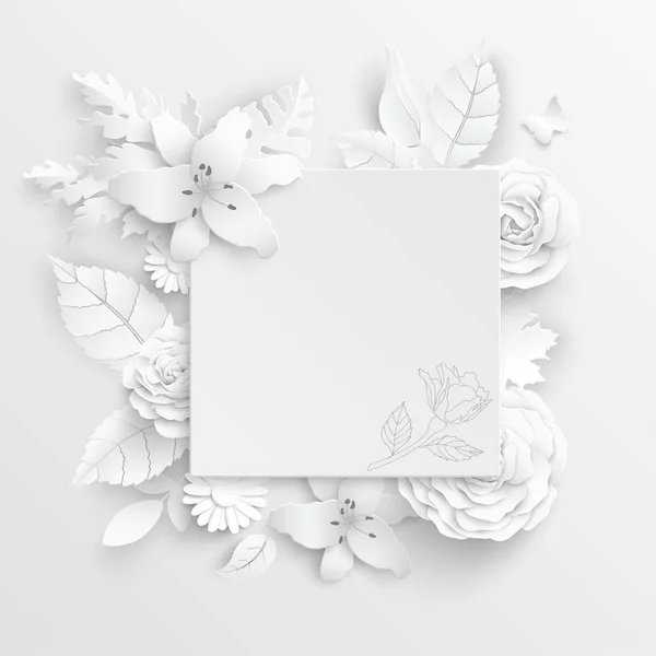 Kağıt Çiçek Soyut Kesilmiş Çiçekli Kare Çerçeve Beyaz Gül Bir — Stok Vektör