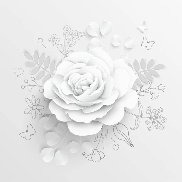 Flor Papel Rosas Blancas Cortadas Papel Decoraciones Boda Ramo Novia — Vector de stock