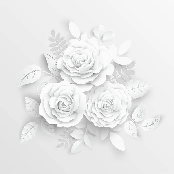 Flor Papel Rosas Blancas Cortadas Papel Decoraciones Boda Ramo Novia — Vector de stock