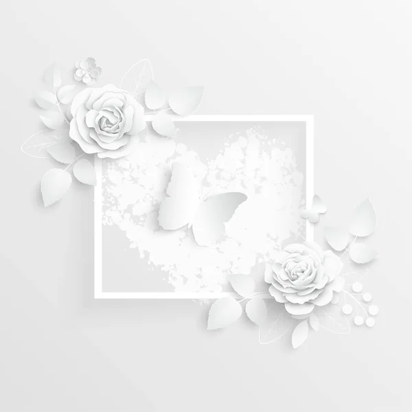 纸花有抽象切花的正方形框架 白玫瑰 一颗心婚礼装饰 装饰新娘花束 问候卡片模板 矢量说明 — 图库矢量图片