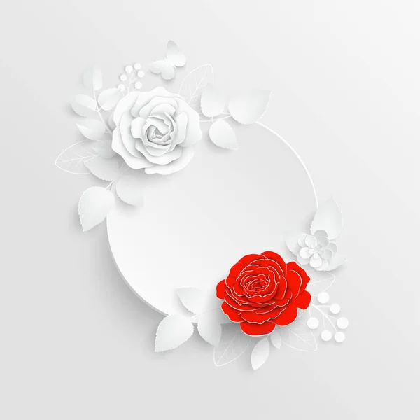 Papierowy Kwiat Okrągła Ramka Abstrakcyjnymi Kwiatami Ciętymi Biała Róża Dekoracje — Wektor stockowy