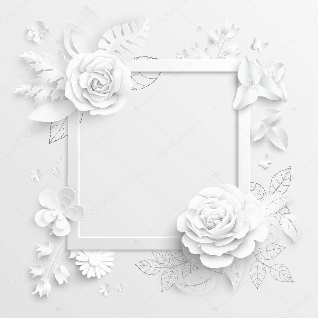 Paper flower. Square frame with abstract cut flowers. White rose. A heart. Wedding decorations. Decorative bridal bouquet. Greeting card template. Background. Vector illustration.