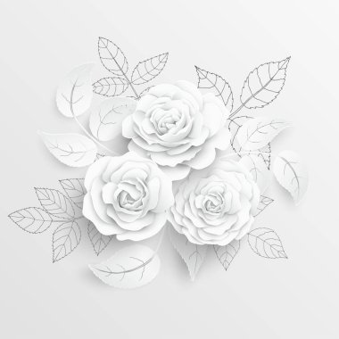 Kağıt çiçek. Kağıttan kesilmiş beyaz güller. Düğün süslemeleri. Dekoratif gelin buketi, soyutlanmış çiçek tasarımı elementleri. Tebrik kartı şablonu. Vektör illüstrasyonu.
