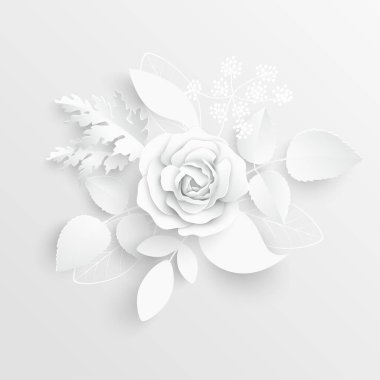 Kağıt çiçek. Kağıttan kesilmiş beyaz güller. Düğün süslemeleri. Dekoratif gelin buketi, soyutlanmış çiçek tasarımı elementleri. Tebrik kartı şablonu. Vektör illüstrasyonu.