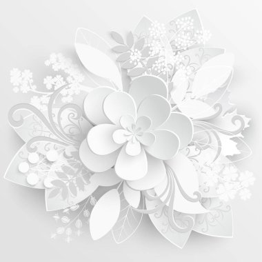 Kağıt çiçek. Kağıttan kesilmiş beyaz güller. Düğün süslemeleri. Dekoratif gelin buketi, soyutlanmış çiçek tasarımı elementleri. Tebrik kartı şablonu. Vektör illüstrasyonu.