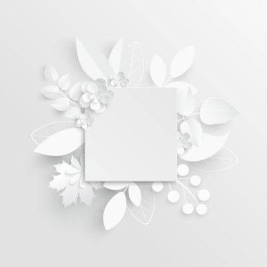 Kağıt çiçek. Soyut kesilmiş çiçekli kare çerçeve. Beyaz gül. Bir kalp. Düğün süslemeleri. Dekoratif gelin buketi. Tebrik kartı şablonu. Geçmişi. Vektör illüstrasyonu.