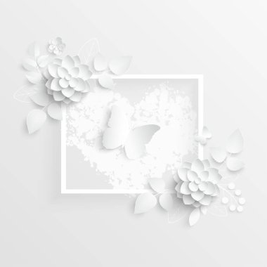 Kağıt çiçek. Kağıttan kesilmiş beyaz nilüfer çiçeği. Düğün süslemeleri. Dekoratif gelin buketi, soyutlanmış çiçek tasarımı elementleri. Tebrik kartı şablonu. Vektör çizimi. Arkaplan. 