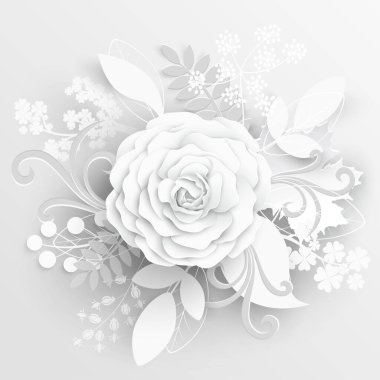 Kağıt çiçek. Kağıttan kesilmiş beyaz güller. Düğün süslemeleri. Dekoratif gelin buketi, soyutlanmış çiçek tasarımı elementleri. Tebrik kartı şablonu. Vektör illüstrasyonu.
